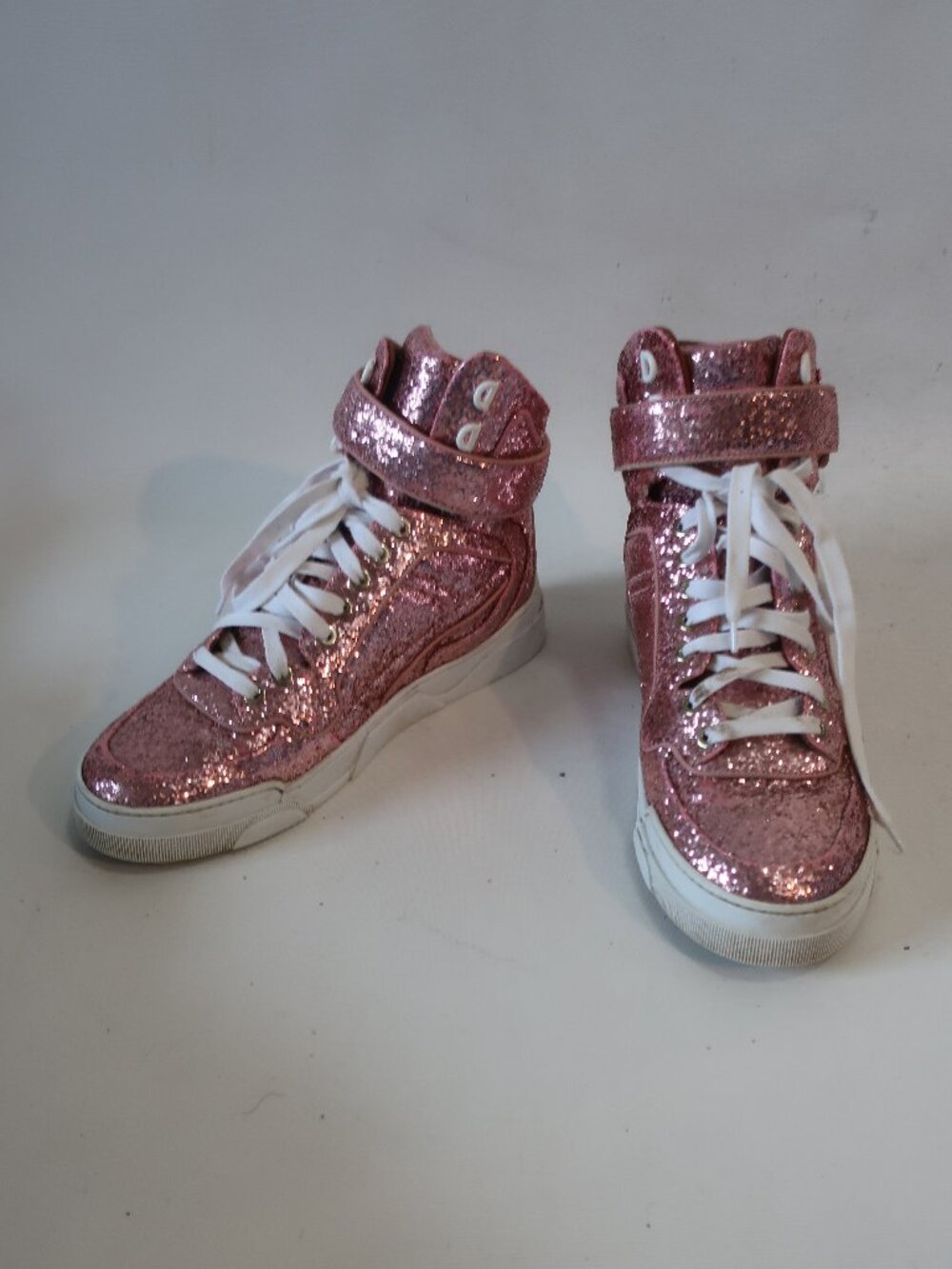 Authentic Givenchy Tyson Rose Pink Glitter Lace-Up High-Top Sneakers 37.5 US/7.5